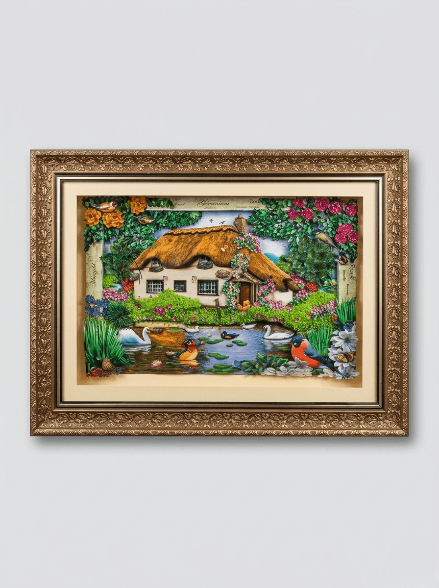 3 Boyutlu Katmanlı Rölyef Tablo: Romantik Kır Evi ve Doğa Manzarası